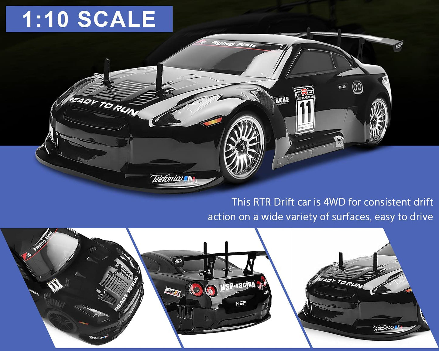 HSP Racing RC Car 4wd 1:10 Drift Car 94123 Flying Fish 2022 Upgraded Car Shell with Extra 4 Drift Tires